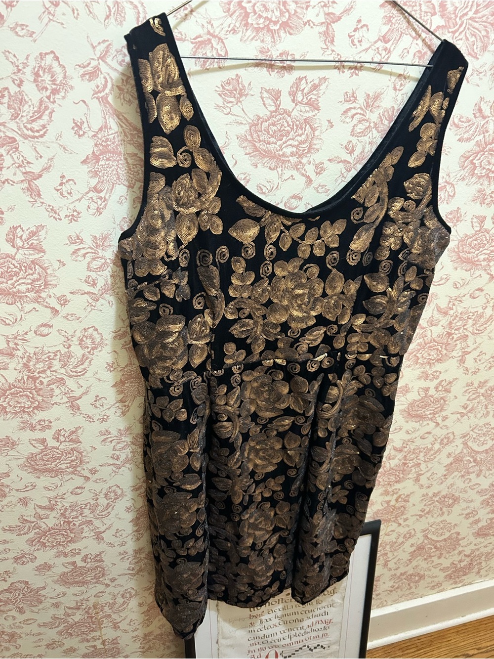 Tatyana Black Velvet Dress with Gold Sequin Detail